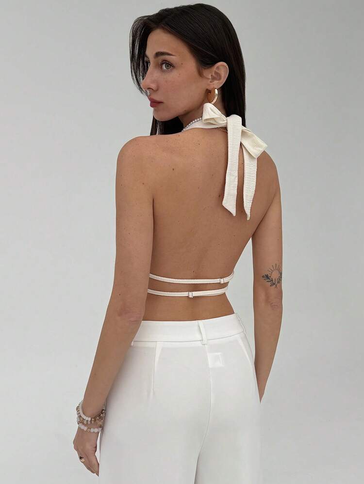 Aloruh Top sin espalda con decoración de strass, estilo bohemio y romántico para citas, color albaricoque - Albaricoque - Añade 2