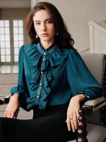 Anewsta Savoree Women's Elegant Beaded & Rhinestone Embellished Long Sleeve Blouse With Ruffled Hem, Emerald Green - Blue - View 7