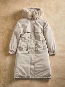 Anewsta Abrigo parka grueso y largo con cuello de piel sintética esponjosa, forro acolchado, cordón ajustable en la cintura, ropa de exterior para mujer