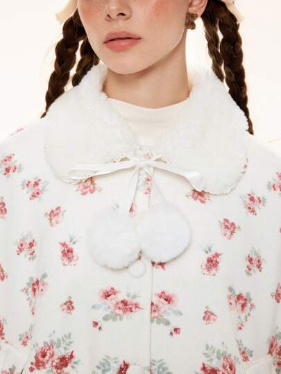 ROMWE Avant Hime Gyaru Cute & Sweet Print Faux Fur Collar Cape Jacket For Women