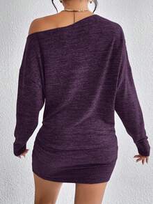 SHEIN Essnce Women's Solid Color Batwing Sleeve Ruched Fashionable Dress - Red Violet - View 2