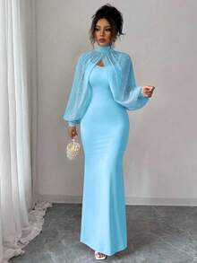 Elenzga Váy dạ hội quyến rũ trưởng thành mới, trang trọng và dịu dàng, màu hồng mơ mộng, áo dài tay đính hạt thủ công, bộ váy liền thân ôm sát có viền đuôi cá duyên dáng - Màu xanh lam - Xem 4