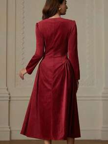 Chiquease Elegante abito lungo a maniche lunghe con vita segnata, in stile francese alla moda - Bordò - Visualizzare 2