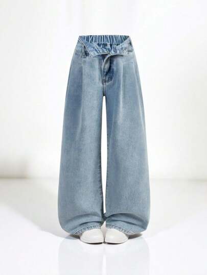 SHEIN Tween 女童基本款休闲浅蓝色水洗牛仔裤，女童宽松都市街头风格百搭牛仔裤，双腰带设计，可折叠腰部，松紧后背，正面拉链，方便穿着，时尚服装的必备单品，极简主义牛仔搭配日常 OOTD、郊游、学校、聚会，2025 年秋季新品