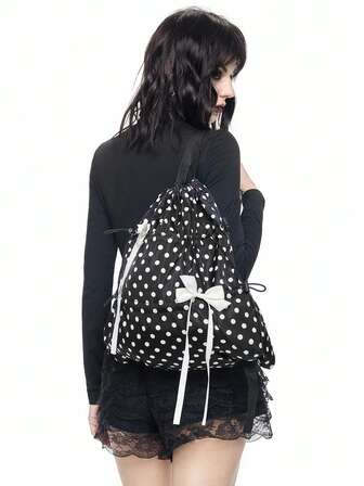 Anime Zaino con fiocco e coulisse in stile Y2K, carino e sexy, pochette con coulisse minimalista e argento ispirata alla tecnologia, borsa pieghevole impermeabile e leggera ad alta capacità, adatta per palestra, casual, viaggi, pendolarismo e uso quotidiano