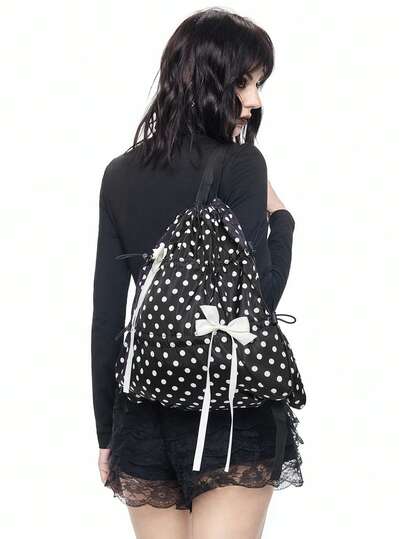 Anime حقيبة ظهر بسحاب وفيونكة Y2K جميلة وجذابة، حقيبة سحب مستوحاة من التقنية الفضية بسيطة، حقيبة تخزين قابلة للطي كبيرة السعة مقاومة للماء خفيفة الوزن، حقيبة رياضة، مناسبة للاستخدام اليومي والسفر والتنقل