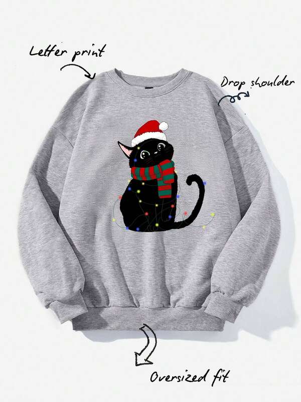 Veykashi Sweat-shirt à capuche à manches longues, coupe ample, col rond épais, imprimé d'un chat noir mignon avec un bonnet de Père Noël. Motif minimaliste décontracté. Convient pour l'automne et l'hiver.