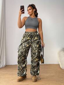 SHEIN EZwear 枝形印花休闲大码女式工装阔腿裤 - 彩色 - 查看 4