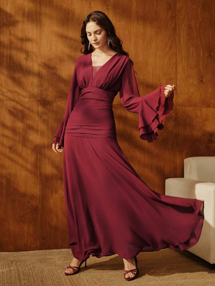 Women's Elegant V-Neck Long Sleeve Fringe Sleeve Patchwork Dress