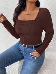 SHEIN Frenchy Plus Size Casual Ribbed Crew Neck Fitted T-Shirt/Winter - Brown - View 3