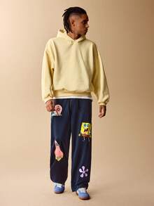 SpongeBob SquarePants | SHEIN 男士休闲日常通勤趣味可爱卡通图案抽绳腰宽松直筒运动裤 - 藏蓝色 - 查看 5