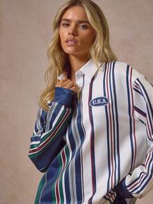 MUSERA Camisa de rugby de manga larga con cuello y rayas anchas con estampado "USA", ropa de calle fresca de otoño para salir, casual de todos los días, nuevo estilo retro para verano y primavera, ideal para vacaciones - Multicolor - Ver 2