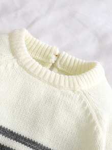 SHEIN 1pc Newborn Striped Crew Neck Long Sleeve Romper, Casual & Minimalist Design - Grey - View 8