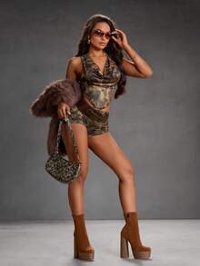 CUCCOO SZL 女士棕色绒面革方头厚底粗跟弹力时尚优雅派对性感侧拉链踝靴，适合圣诞节穿着 - 棕色 - 查看 11