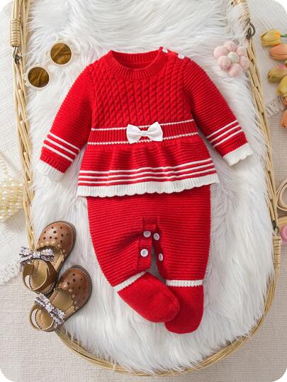 SHEIN Playful Pals Mono de punto con lazo y ribete de volantes para bebés niñas, suave y cómodo, adecuado para uso diario, salidas, viajes, vacaciones, hogar, guardería y tiempo de juego