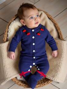 SHEIN Baby Girl Blue Knitted Sweater Jumpsuit With Embroidered And Bow Decorations And Patterns. For Spring, Autumn And Winter. - Royal Blue - View 4