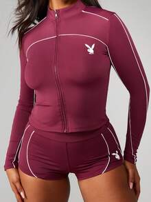 Missguided x Playboy Funnel Neck Zip Up Track Top And Cycling Shorts Coordinated Set With White Contrast Piping Detail - Burgundy - View 4