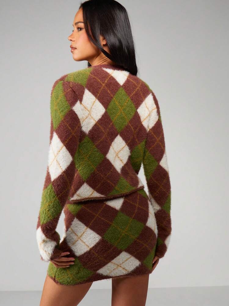 MISSGUIDED Argyle Knitted Cardigan Mini Skirt Co-Ord Set Fall Winter Diamond Pattern Sweater Outfit