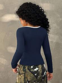 Coolane Kids Maglietta da donna aderente con fiocco in stile balletto, semplice e alla moda, adatta per uso casual e quotidiano, abbigliamento autunnale per ragazze pre-adolescenti - Blu Navy - Visualizzare 2