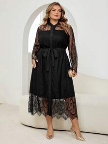 SHEIN CURVE+ 秋冬季优雅职场黑色针织蕾丝立领喇叭形撞色蕾丝长袖大码连衣裙 - 黑色 - 查看 8