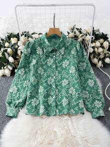 Chiquease 女士纯色提花面料翻领长袖休闲通勤时尚优雅复古衬衫 - 青碧色 - 查看 3