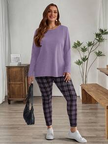 EMERY ROSE 大码女式冬季长袖T恤搭配格子打底裤套装，前短后长下摆，适合冬季、秋冬季穿着，两件套家居服，大码女装套装，外出服，2025新款，简约时尚，日常穿着，大码冬季服装，得体打底裤套装，舒适两件套，女士得体套装，舒适透气，适合圣诞节、新年、感恩节等节日穿着，女士家居服套装，女士睡衣 - 紫色 - 查看 4