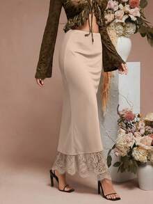 L'Amorae 纯色缎面蕾丝下摆细节低腰中长裙 - 杏色 - 查看 4