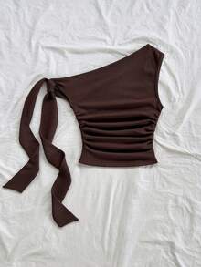 Soleia Blusa ajustada con detalle de ojales, cuello asimétrico con nudo, estilo minimalista y de calle, unicolor, para mujer en verano - Marrón - Ver 3