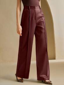 Anewsta 新款高品质柔软皮革阔腿裤，适合秋季、冬季、春季、新年、派对、婚礼、时尚、优雅、商务休闲等场合，也适合感恩节、毕业典礼、圣诞节等节日穿着。 - 酒紅色 - 查看 3