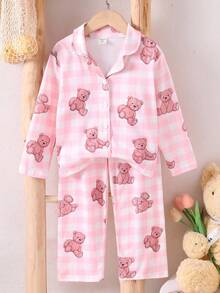 Genkimix Kids 2件套年轻女孩休闲可爱熊印花长袖开衫和裤子家居服套装