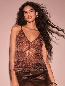 SHEIN PETITE 女士时尚派对亮片网纱吊带背心 - 咖啡棕 - 查看 7