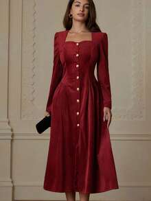 Chiquease Elegante abito lungo a maniche lunghe con vita segnata, in stile francese alla moda - Bordò - Visualizzare 6