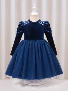 Glamorique Kids Young Girl' Red Puff Sleeve Pearl Decor Fashion Dress, Mesh Design Suitable For Christmas And Various Occasions - Royal Blue - View 3