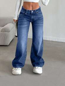 EURMUSE Petite JEANS LOW WAIST STRAIGHT FIT CASUAL STYLE WASHED BLUE BUTTON DETAILED ,Petite Women - Medium Wash - View 6