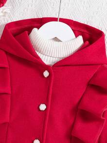 SHEIN Tween Girls Red Ruffle Trim Long Sleeve Casual Hooded Single-Breasted Overcoat, For Christmas