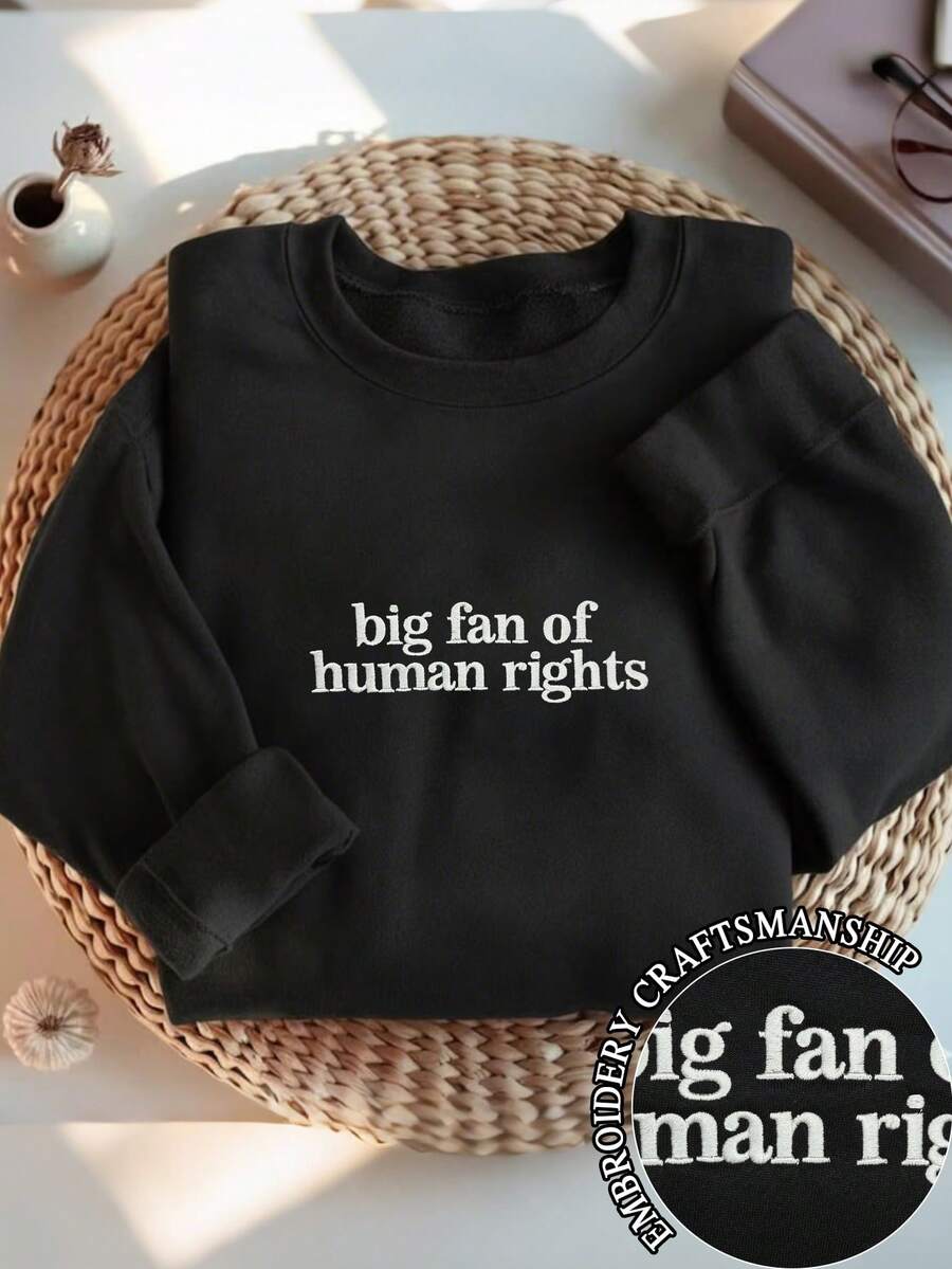 INAWLY 女士卫衣，刺绣“人权拥护者”卫衣，简约刺绣圆领衫，平等社会正义T恤，行动主义礼物T恤，圣诞礼物，送给女友和闺蜜的礼物，情侣礼物，适合居家穿着，长袖抓绒保暖秋冬针织衫，2025新款女士卫衣 - 黑色 - 查看 1