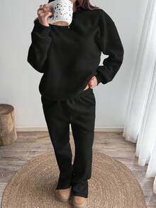 SHEIN Unity Casual Solid Color Fleece Round Neck Sweatshirt And Sweatpants Set, Suitable For Autumn And Winter - Black - View 3