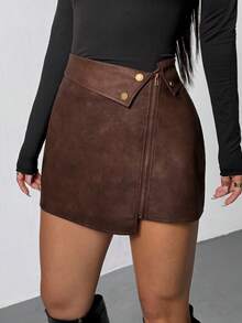 SHEIN PETITE 复古美式PU皮A字迷你裙，高腰显瘦设计，适合娇小身材女性，秋冬季穿着