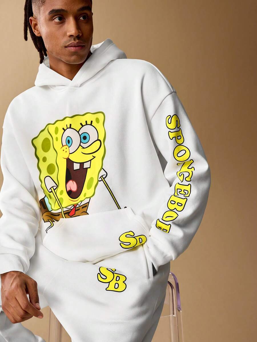 SpongeBob SquarePants | SHEIN Men's Casual Everyday Commute Funny Cute Cartoon Pattern Kangaroo Pocket Thermal Lined Hoodie And Sweatpants Set, Autumn/Winter - White - View 1