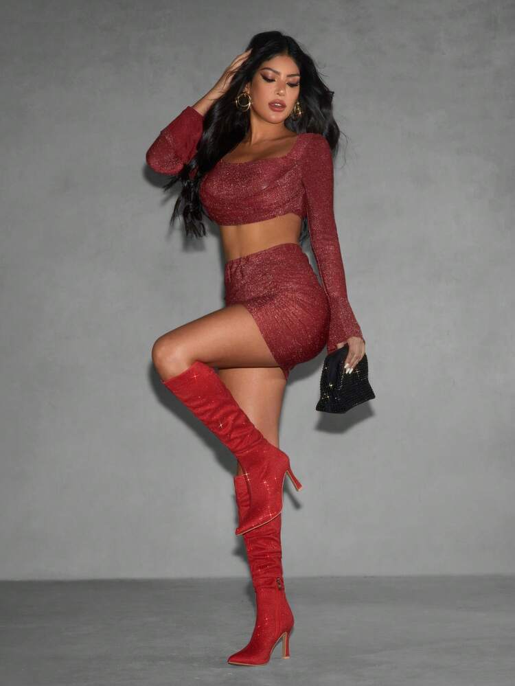 CUCCOO SZL Women's Pointed Toe Rhinestone Embellished Ruched Thigh High Boots, Sexy Stiletto Heel Party Boots For Christmas Spring Shoes