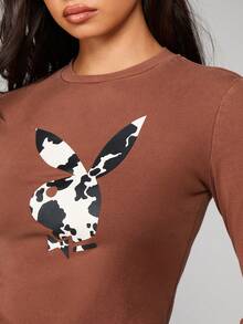 Missguided x Playboy Fitted Long Sleeve Crop Top With Cow Print Bunny Graphic And Red Sleeve Text For Casual Streetwear - Brown - View 6