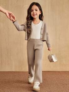 SHEIN Elladie kids 女童针织毛衣套装 - 长袖开衫 + 裤子，百搭时尚简约可爱，适合居家和旅行 - 卡其色 - 查看 1