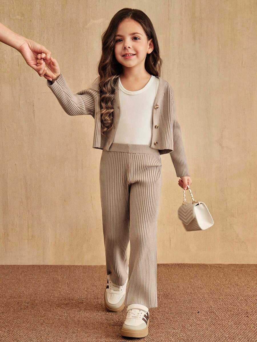 SHEIN Elladie kids 女童针织毛衣套装 - 长袖开衫 + 裤子，百搭时尚简约可爱，适合居家和旅行 - 卡其色 - 查看 1