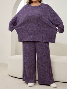 SHEIN CURVE+ 大码纯色简约日常穿搭圆领长袖上衣和裤子两件套 - 淡紫色 - 查看 5