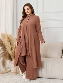 Lacomfia 2 Stücke/Set minimalistisches einfarbiges geripptes Maxi-Hemd mit Langarm und Hose mit elastischem Bund und weitem Bein, Große Größen, Frühling/Herbst