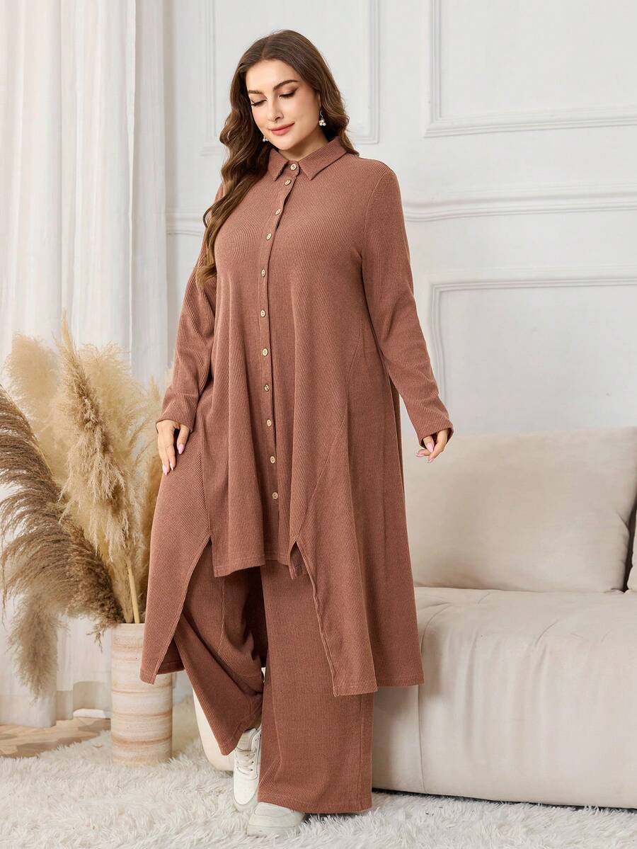 Lacomfia 2 Stücke/Set minimalistisches einfarbiges geripptes Maxi-Hemd mit Langarm und Hose mit elastischem Bund und weitem Bein, Große Größen, Frühling/Herbst