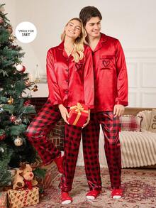 LuxeNights Weihnachts-Pyjama Set mit rotem Herz-Karomuster in Seidenlook für Frauen, Winterkleidung
