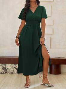 Roveilla Váy Maxi xẻ eo xếp ly cổ yếm màu trơn cỡ lớn, trang phục Giáng sinh cho nữ - màu xanh lá - Xem 4
