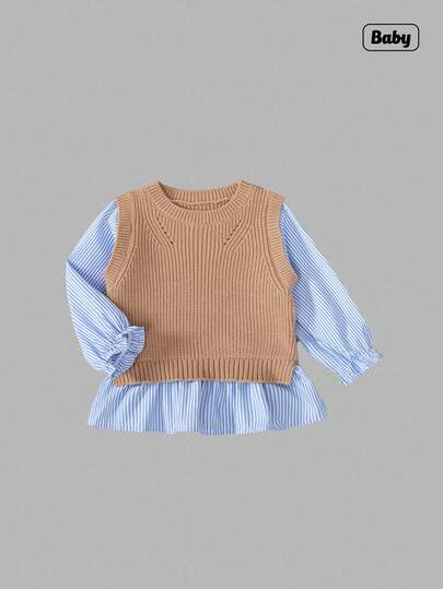 Sweetra 女婴条纹荷叶边下摆长袖二合一宽松休闲毛衣，秋冬