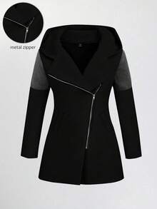 EMERY ROSE Áo khoác trùm đầu có khóa kéo thường ngày dành cho nữ với thiết kế khối màu - màu đen - Xem 1